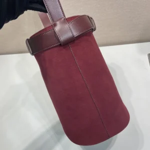 Prada Women Buckle Belted Suede Bucket Bag-Burgundy 1BE085