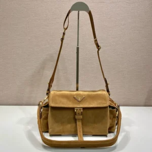 Prada Women Explore Medium Suede Shoulder Bag With Flap-Brown 1BD394