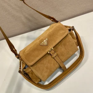Prada Women Explore Medium Suede Shoulder Bag With Flap-Brown 1BD394