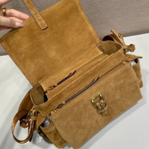Prada Women Explore Medium Suede Shoulder Bag With Flap-Brown 1BD394