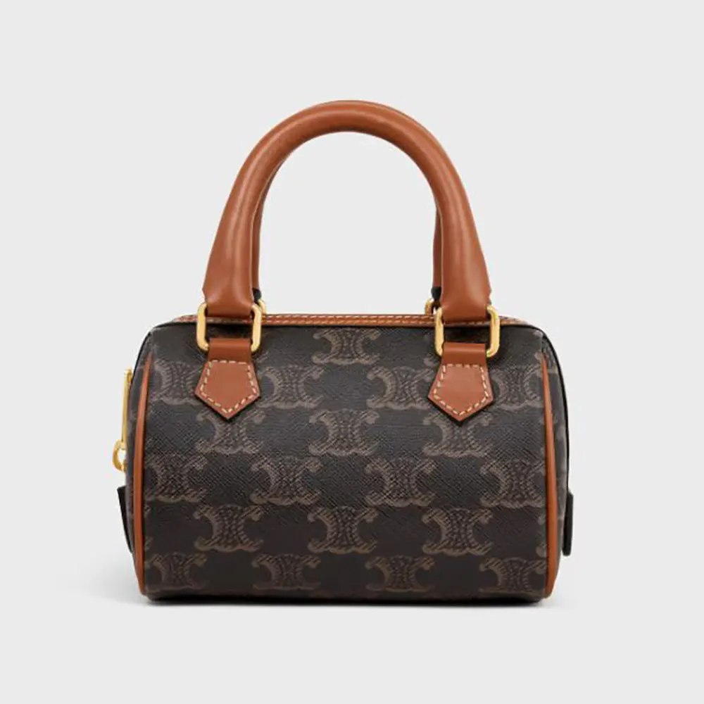 Celine Women Mini Boston in Triomphe Canvas and Calfskin-Tan