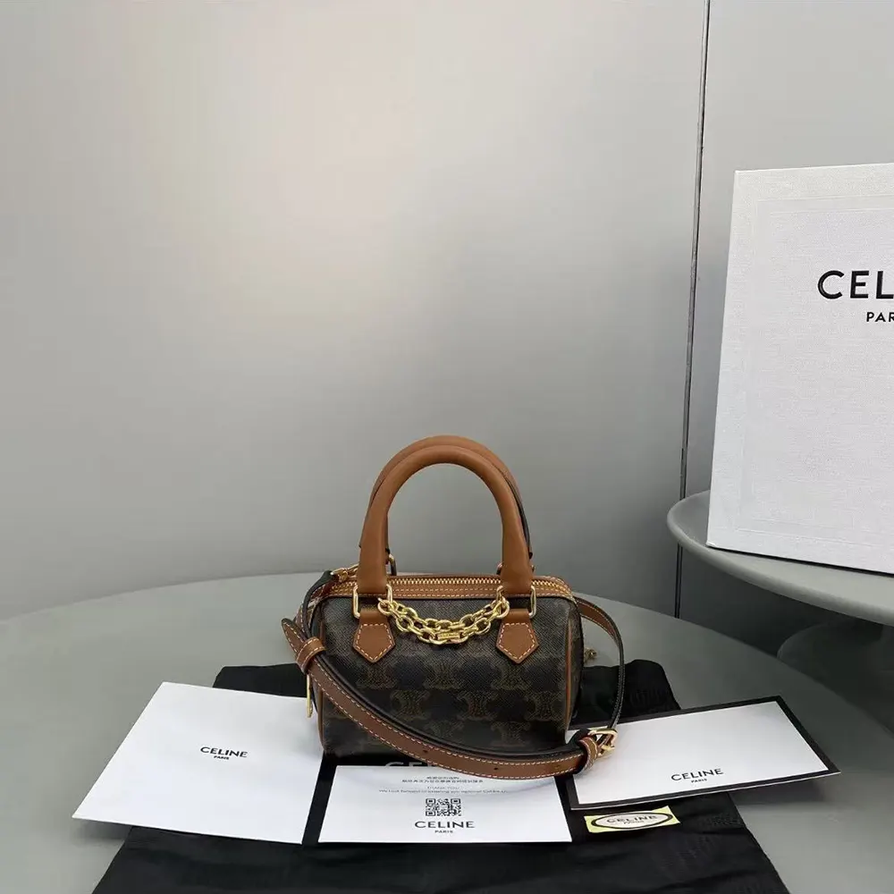 Celine Women Mini Boston in Triomphe Canvas and Calfskin-Tan