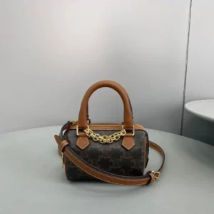 Celine Women Mini Boston in Triomphe Canvas and Calfskin-Tan
