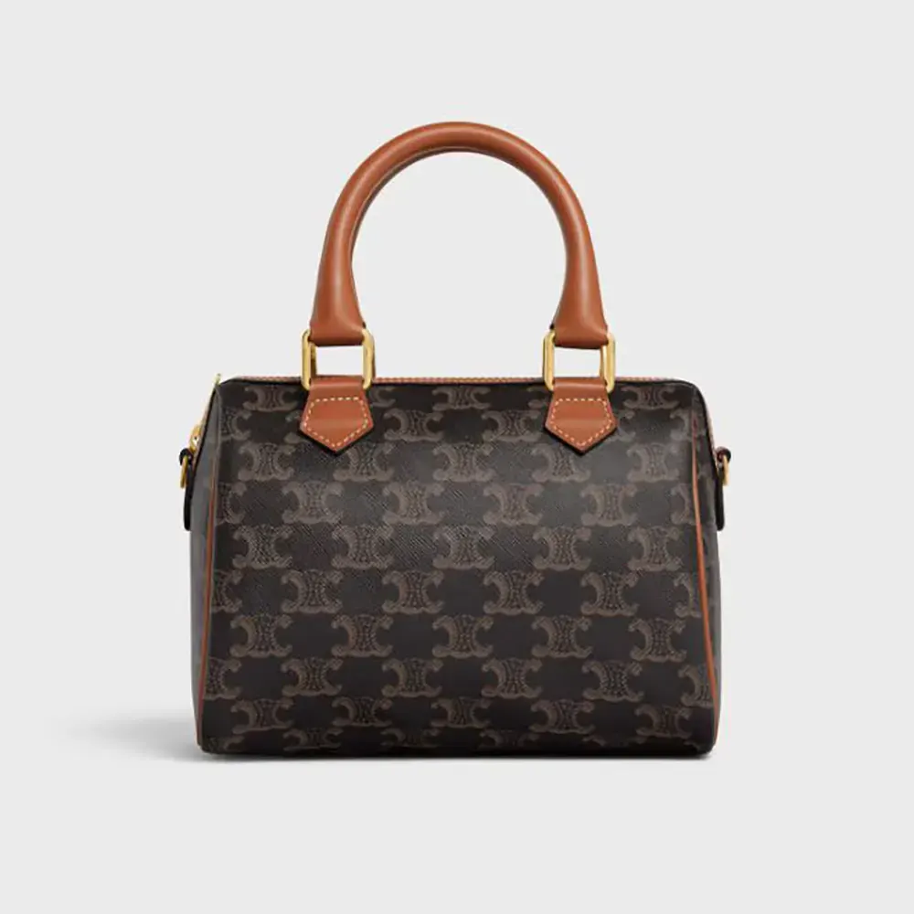 Celine Women Small Boston in Triomphe Canvas and Calfskin-Tan