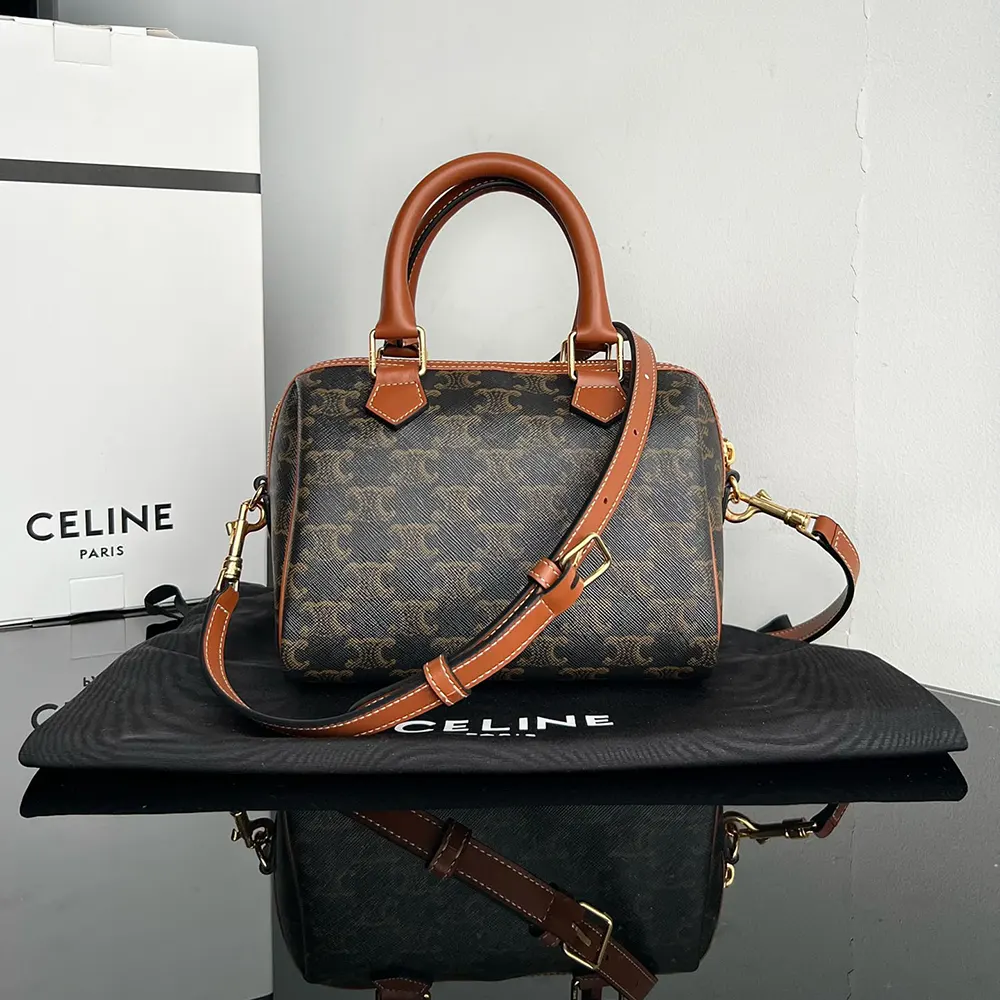 Celine Women Small Boston in Triomphe Canvas and Calfskin-Tan