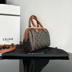 Celine Women Small Boston in Triomphe Canvas and Calfskin-Tan