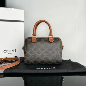 Celine Women Small Boston in Triomphe Canvas and Calfskin-Tan