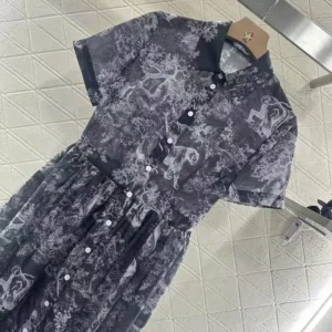 Dior Women Dioriviera Mid-length Shirt Dress Gray and White Cotton Muslin