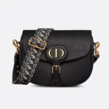 Dior Women Large Dior Bobby Bag Black Grained Calfskin with Embroidered Shoulder Strap
