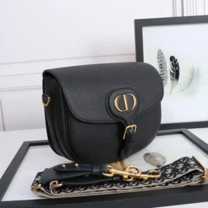 Dior Women Large Dior Bobby Bag Black Grained Calfskin with Embroidered Shoulder Strap