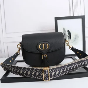 Dior Women Large Dior Bobby Bag Black Grained Calfskin with Embroidered Shoulder Strap