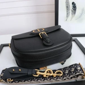 Dior Women Large Dior Bobby Bag Black Grained Calfskin with Embroidered Shoulder Strap