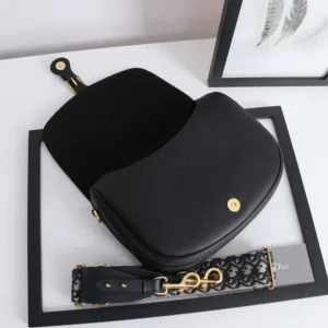 Dior Women Large Dior Bobby Bag Black Grained Calfskin with Embroidered Shoulder Strap