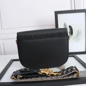 Dior Women Large Dior Bobby Bag Black Grained Calfskin with Embroidered Shoulder Strap