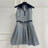 Dior Women Pleated Short Dress Light Blue and Ecru Technical Taffeta Jacquard