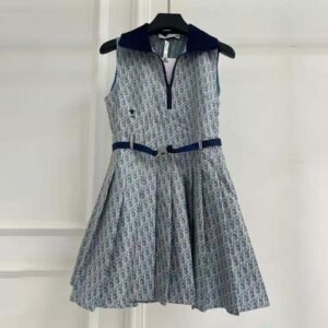 Dior Women Pleated Short Dress Light Blue and Ecru Technical Taffeta Jacquard