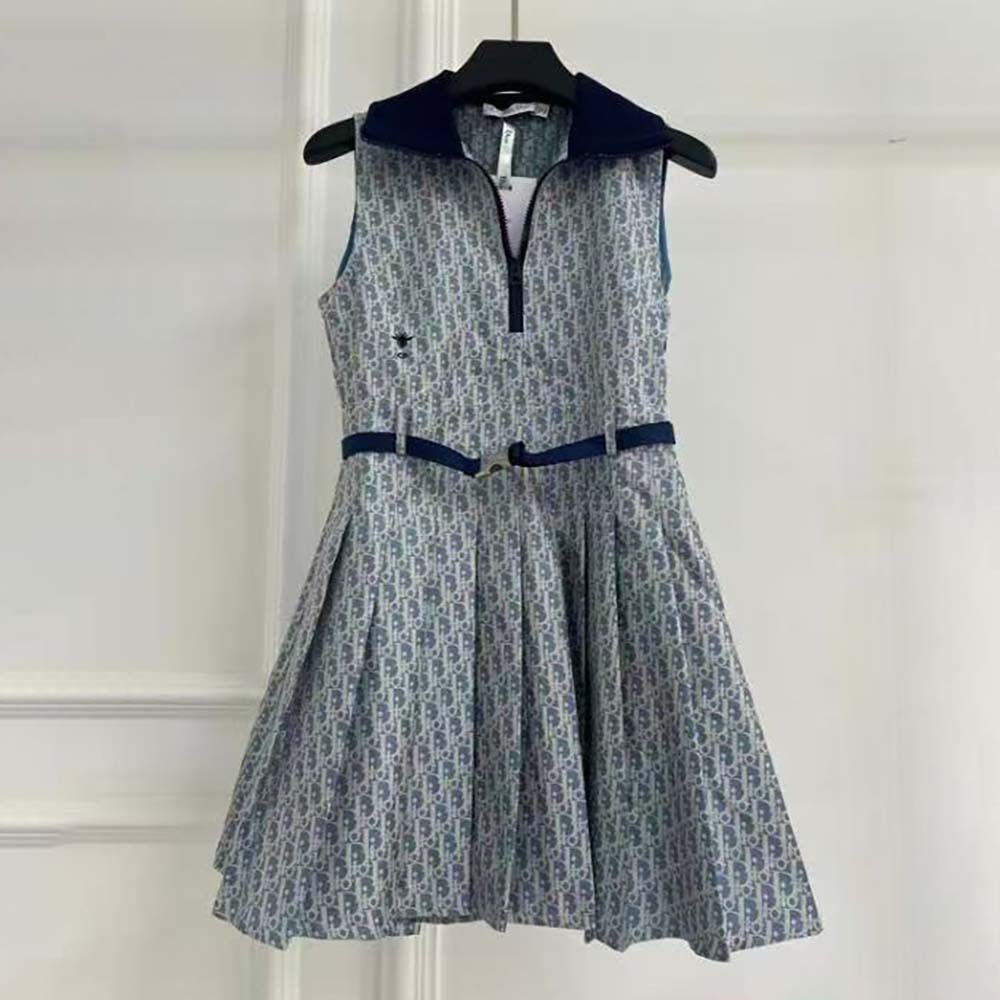 Dior Women Pleated Short Dress Light Blue and Ecru Technical Taffeta Jacquard