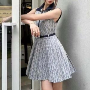 Dior Women Pleated Short Dress Light Blue and Ecru Technical Taffeta Jacquard