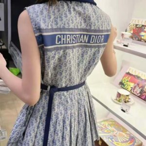 Dior Women Pleated Short Dress Light Blue and Ecru Technical Taffeta Jacquard