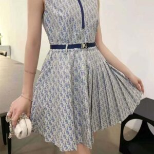 Dior Women Pleated Short Dress Light Blue and Ecru Technical Taffeta Jacquard