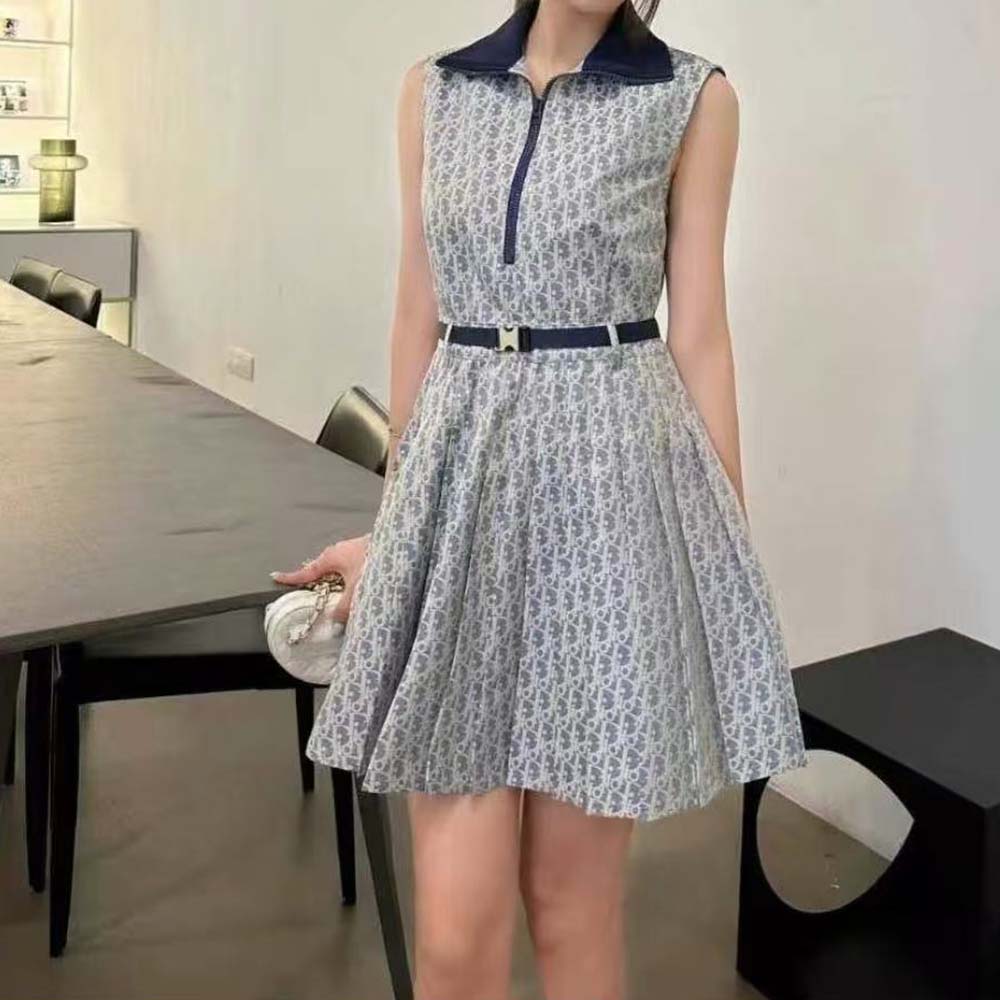 Dior Women Pleated Short Dress Light Blue and Ecru Technical Taffeta Jacquard