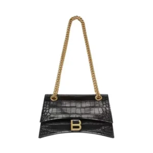 Balenciaga Women Small Crush Shoulder Bag in Black Shiny Crocodile Embossed Leather