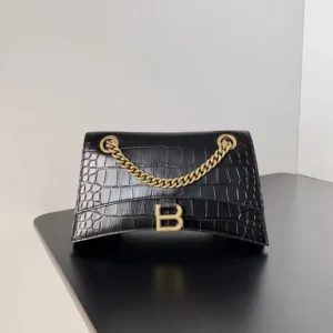 Balenciaga Women Small Crush Shoulder Bag in Black Shiny Crocodile Embossed Leather