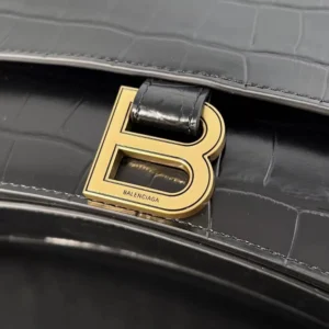 Balenciaga Women Small Crush Shoulder Bag in Black Shiny Crocodile Embossed Leather