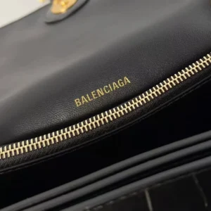Balenciaga Women Small Crush Shoulder Bag in Black Shiny Crocodile Embossed Leather