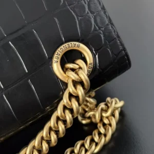 Balenciaga Women Small Crush Shoulder Bag in Black Shiny Crocodile Embossed Leather