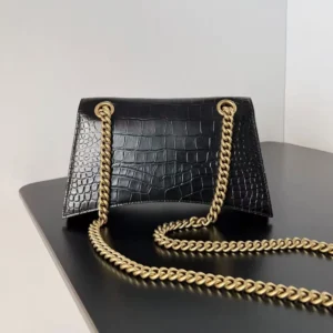 Balenciaga Women Small Crush Shoulder Bag in Black Shiny Crocodile Embossed Leather