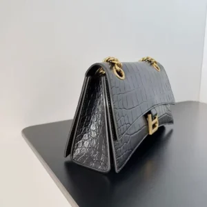 Balenciaga Women Small Crush Shoulder Bag in Black Shiny Crocodile Embossed Leather