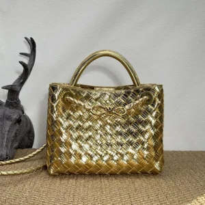 Bottega Veneta Women Small Andiamo Handle Bag in Intrecciato Leather-Gold