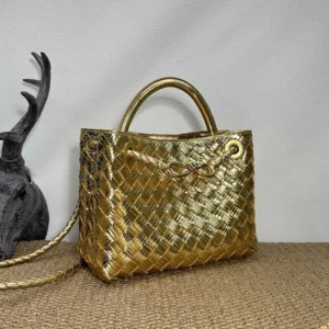 Bottega Veneta Women Small Andiamo Handle Bag in Intrecciato Leather-Gold