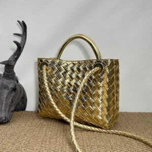 Bottega Veneta Women Small Andiamo Handle Bag in Intrecciato Leather-Gold