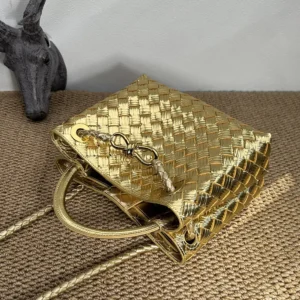 Bottega Veneta Women Small Andiamo Handle Bag in Intrecciato Leather-Gold