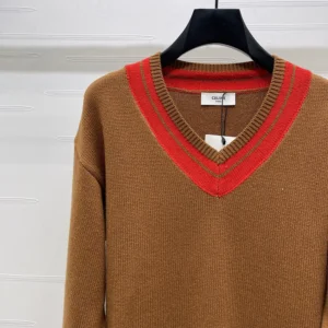Celine Men V-Neck Sweater in Cashmere-Brown RY0RC0V09