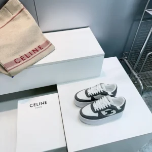 Celine Women Block Wedge Sneaker With Triomphe Patch In Calfskin And Suede Calfskin-Gray