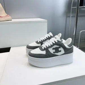 Celine Women Block Wedge Sneaker With Triomphe Patch In Calfskin And Suede Calfskin-Gray