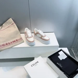 Celine Women Block Wedge Sneaker With Triomphe Patch In Calfskin And Suede Calfskin-Pink