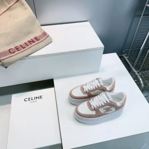 Celine Women Block Wedge Sneaker With Triomphe Patch In Calfskin And Suede Calfskin-Pink
