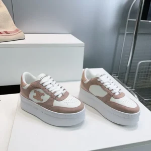 Celine Women Block Wedge Sneaker With Triomphe Patch In Calfskin And Suede Calfskin-Pink