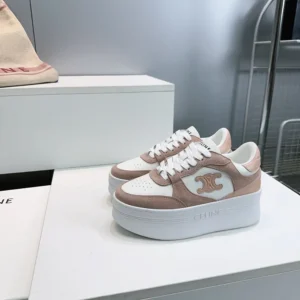 Celine Women Block Wedge Sneaker With Triomphe Patch In Calfskin And Suede Calfskin-Pink
