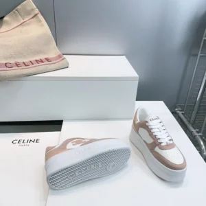 Celine Women Block Wedge Sneaker With Triomphe Patch In Calfskin And Suede Calfskin-Pink