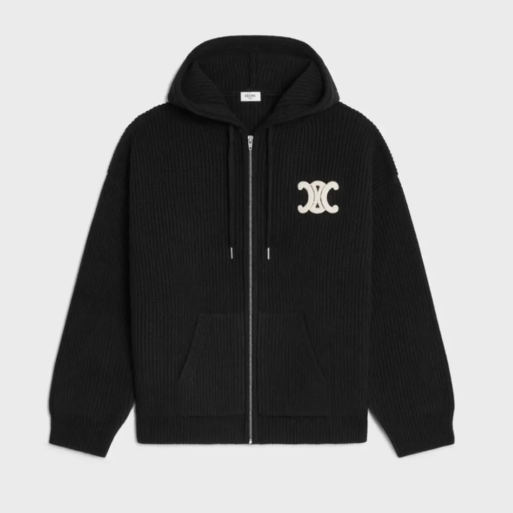 Celine Women Hooded Cardigan In Ribbed Wool-Black RY0JF0ZTQ