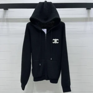 Celine Women Hooded Cardigan In Ribbed Wool-Black RY0JF0ZTQ