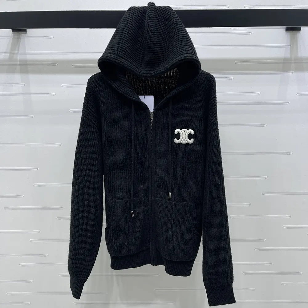 Celine Women Hooded Cardigan In Ribbed Wool-Black RY0JF0ZTQ
