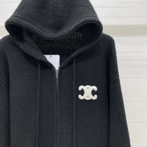 Celine Women Hooded Cardigan In Ribbed Wool-Black RY0JF0ZTQ