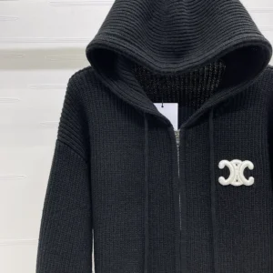 Celine Women Hooded Cardigan In Ribbed Wool-Black RY0JF0ZTQ