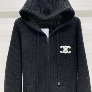 Celine Women Hooded Cardigan In Ribbed Wool-Black RY0JF0ZTQ